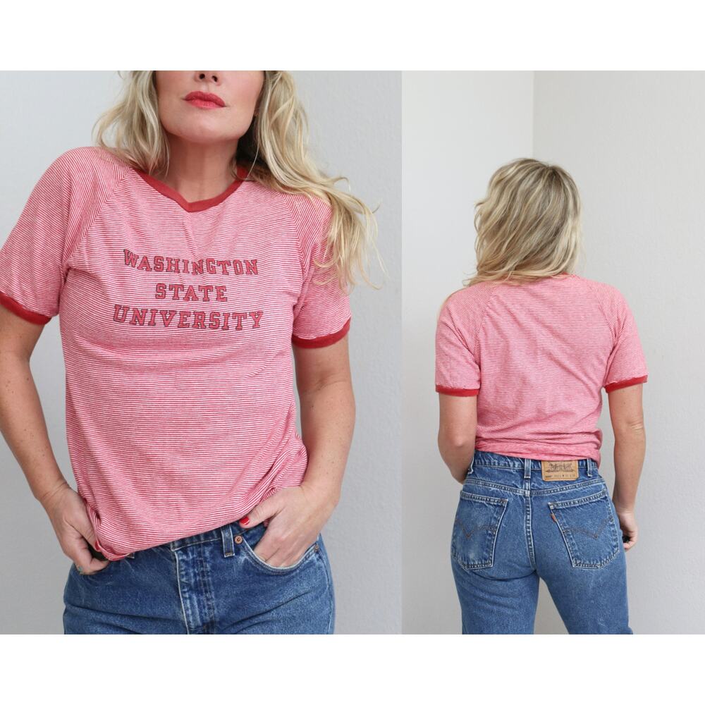1970's Vintage Champion Washington State University Striped T-shirt Womens SM MD